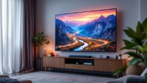 A photograph of a sleek led television screen displaying vibrant