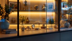 A photograph of a beautifully arranged display cabinet illuminated by warm led lighting