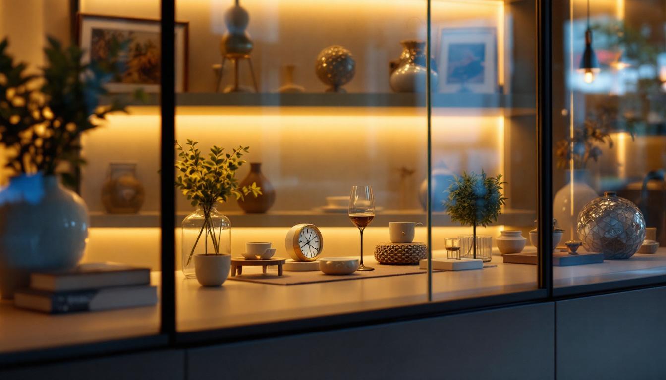 A photograph of a beautifully arranged display cabinet illuminated by warm led lighting