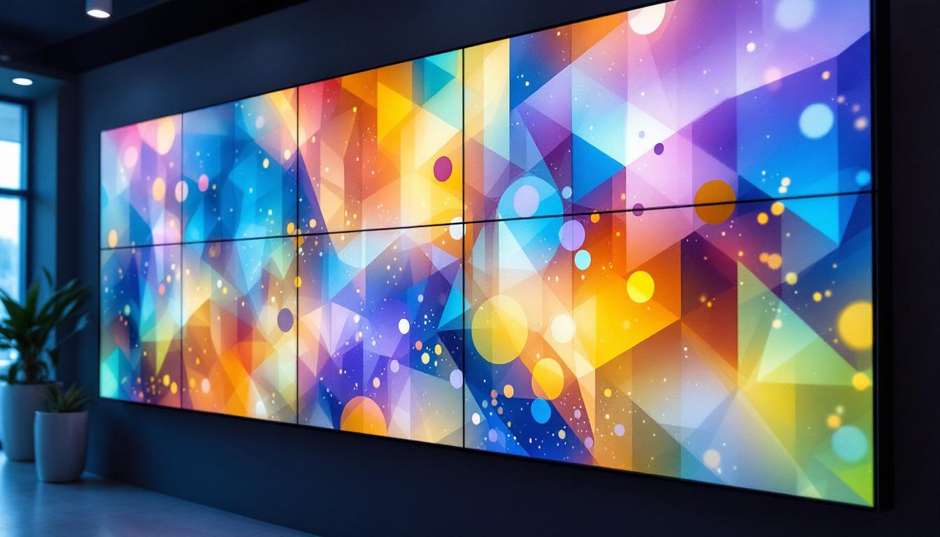 A photograph of a vibrant video wall made up of multiple lcd panels displaying dynamic visuals