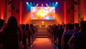 A photograph of capture a photograph of a vibrant led display set up in a church environment