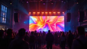 A photograph of a vibrant indoor event showcasing a large led screen in action