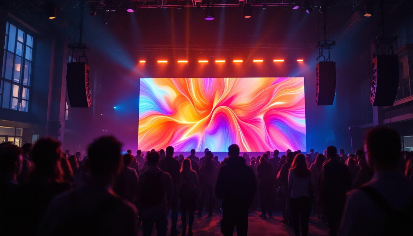 A photograph of a vibrant indoor event showcasing a large led screen in action