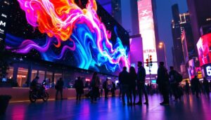 A photograph of a vibrant outdoor setting showcasing a large led display in action