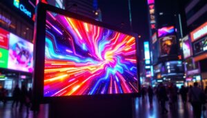 A photograph of a vibrant led advertising board in a bustling urban setting