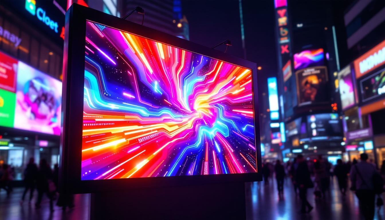 A photograph of a vibrant led advertising board in a bustling urban setting