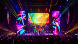 A photograph of a vibrant led wall stage during a live performance
