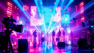 A photograph of a vibrant led display in action during a virtual video production setup