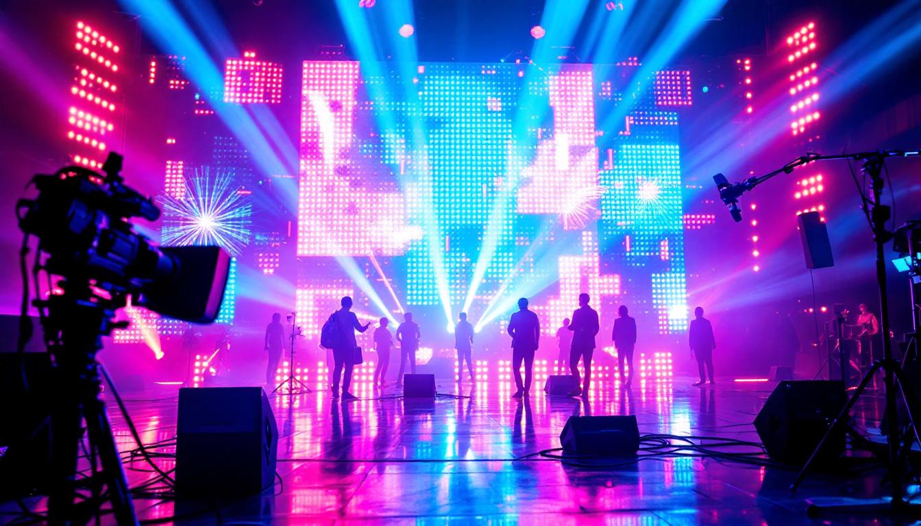 A photograph of a vibrant led display in action during a virtual video production setup