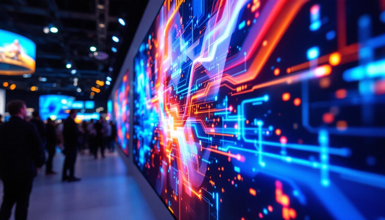 A photograph of capture a photograph of a vibrant trade show wall display featuring an led screen in action