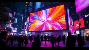 A photograph of a vibrant led display in a bustling urban setting