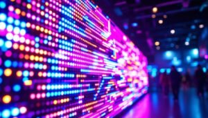 A photograph of a vibrant led display in a dynamic setting