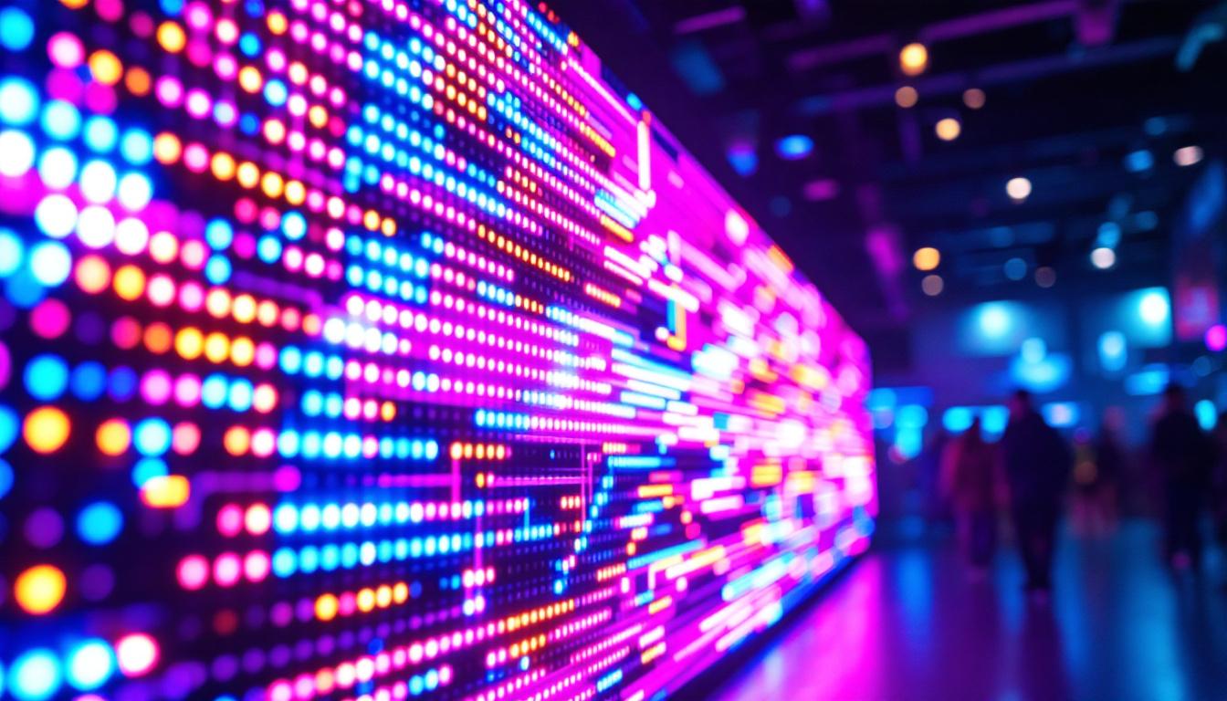 A photograph of a vibrant led display in a dynamic setting