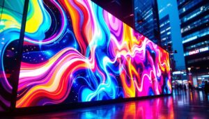 A photograph of capture a photograph of a vibrant wall truss led display in an urban setting