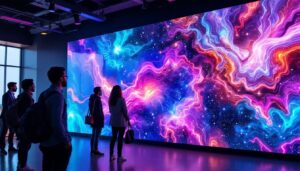A photograph of a vibrant 4k video wall in a modern setting