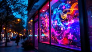 A photograph of a vibrant led window display at dusk
