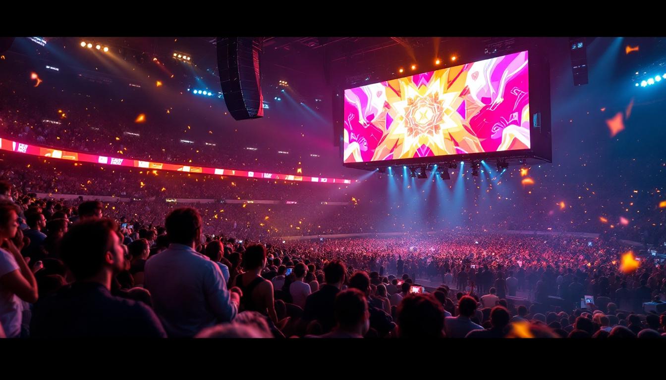 A photograph of capture a photograph of a vibrant led display board in a bustling stadium setting