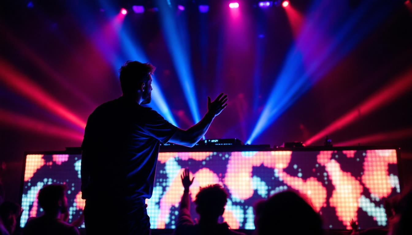 A photograph of a vibrant led panel dj booth in action during a live performance