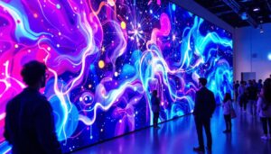 A photograph of a vibrant lcd video wall in a modern setting