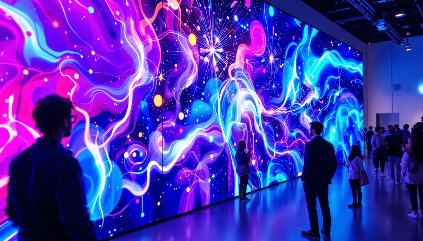 A photograph of a vibrant lcd video wall in a modern setting