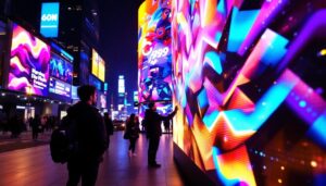A photograph of a vibrant led display in a bustling urban setting