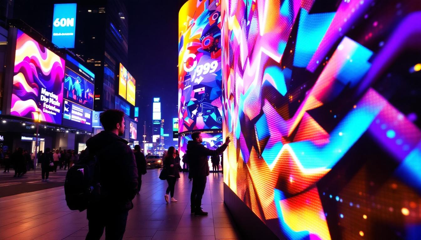 A photograph of a vibrant led display in a bustling urban setting