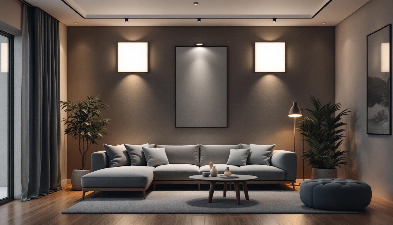 A photograph of a stylishly designed room featuring led panel wall lights in various configurations