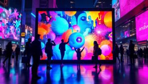 A photograph of a vibrant led display in an urban setting