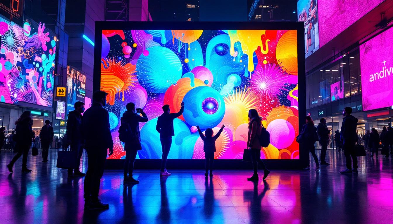 A photograph of a vibrant led display in an urban setting
