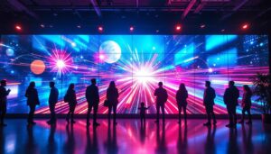 A photograph of a vibrant indoor setting featuring a large led wall display in action