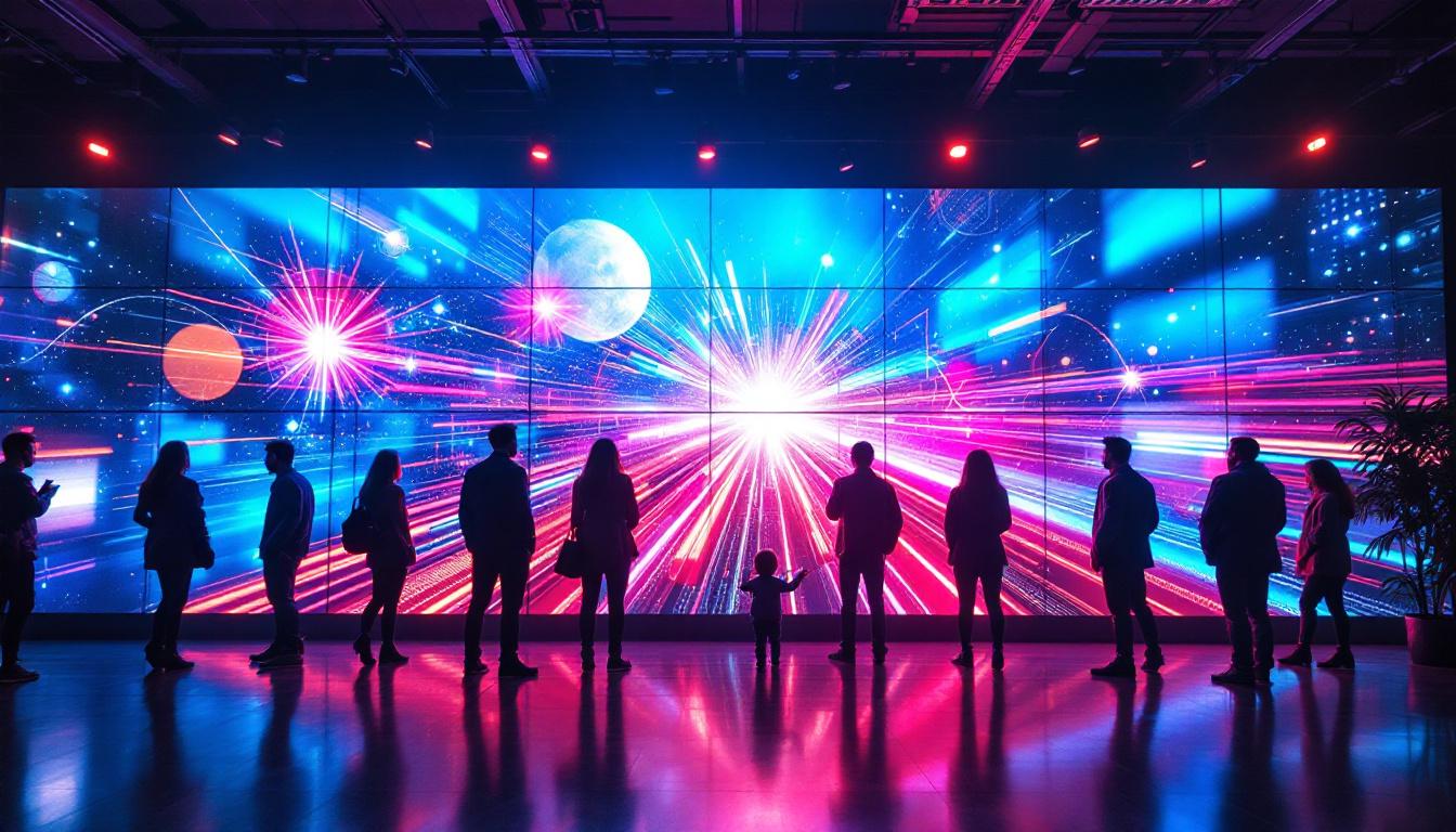 A photograph of a vibrant indoor setting featuring a large led wall display in action