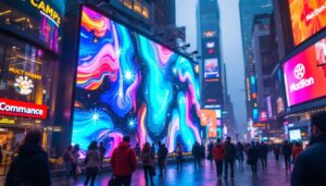 A photograph of a vibrant led display in a bustling urban environment