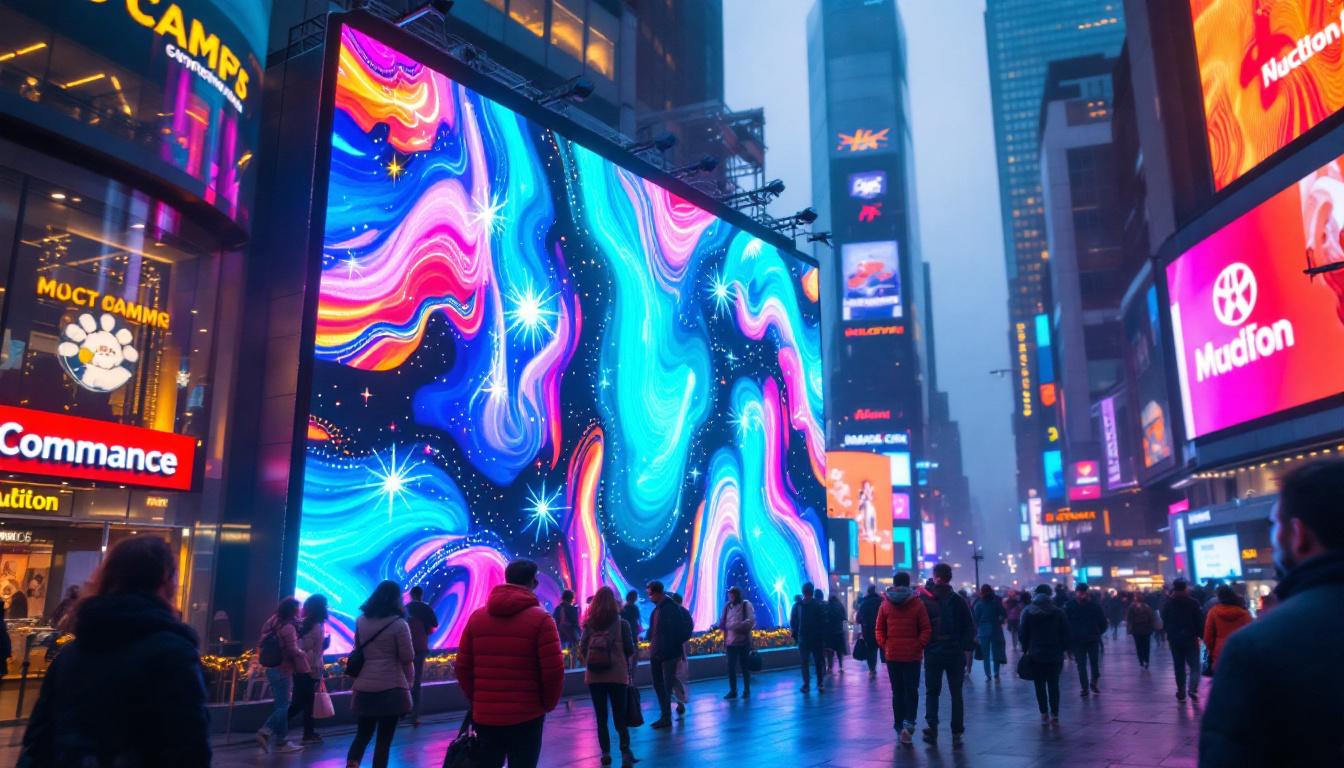 A photograph of a vibrant led display in a bustling urban environment