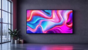 A photograph of a vibrant led display mounted on a wall