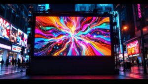 A photograph of a vibrant led display in an urban setting