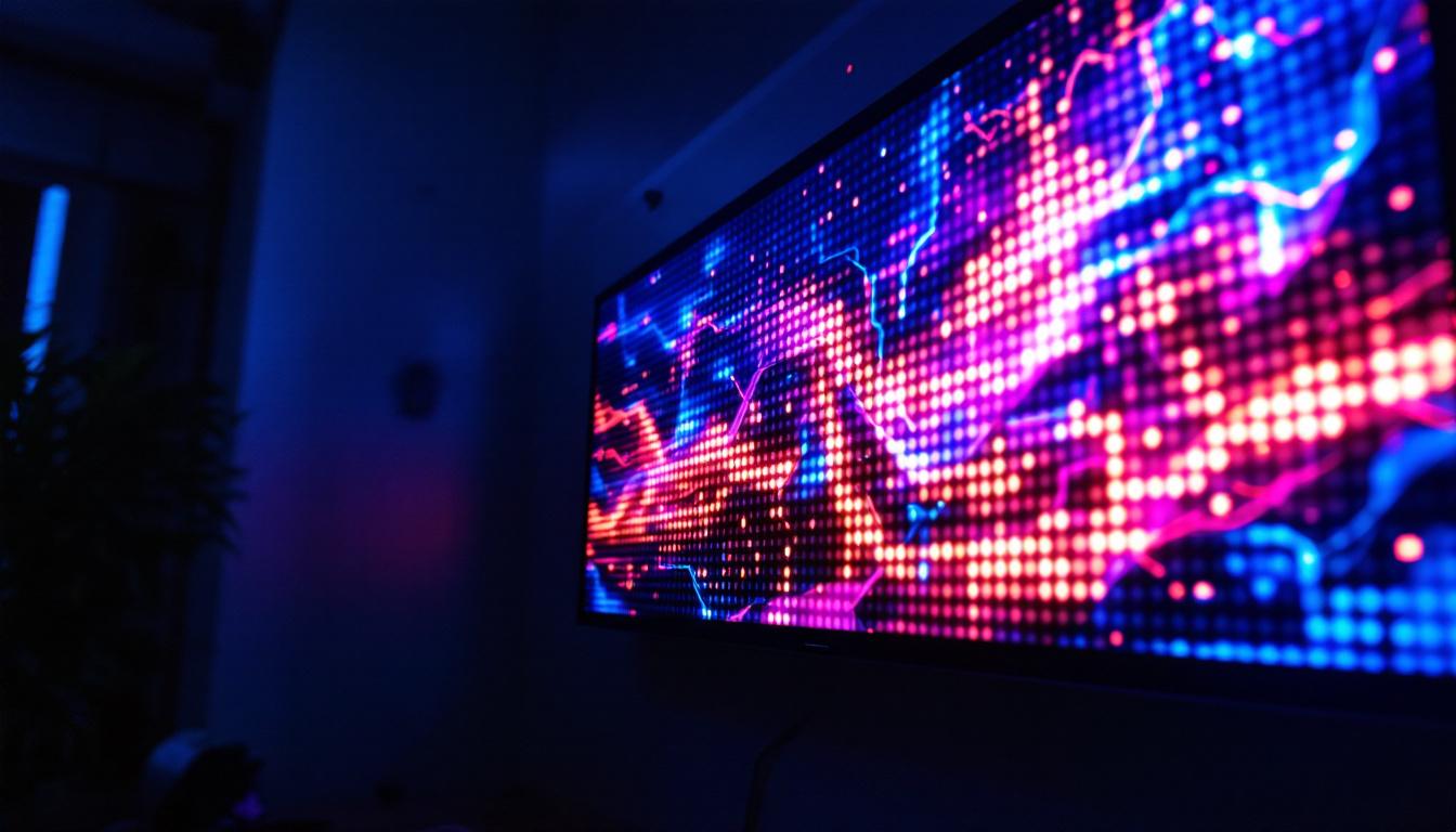 A photograph of a vibrant led panel displaying dynamic visuals in a dimly lit environment