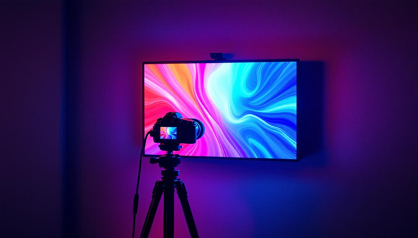 A photograph of a creative setup featuring a camera positioned in front of a wall