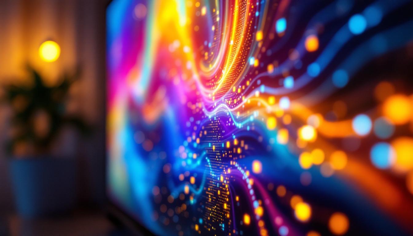 A photograph of a close-up view of an led lcd tv panel displaying vibrant colors and sharp images