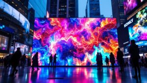 A photograph of a vibrant led display in a dynamic urban setting