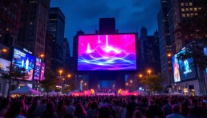 A photograph of a vibrant outdoor event featuring a large led jumbotron displaying dynamic visuals