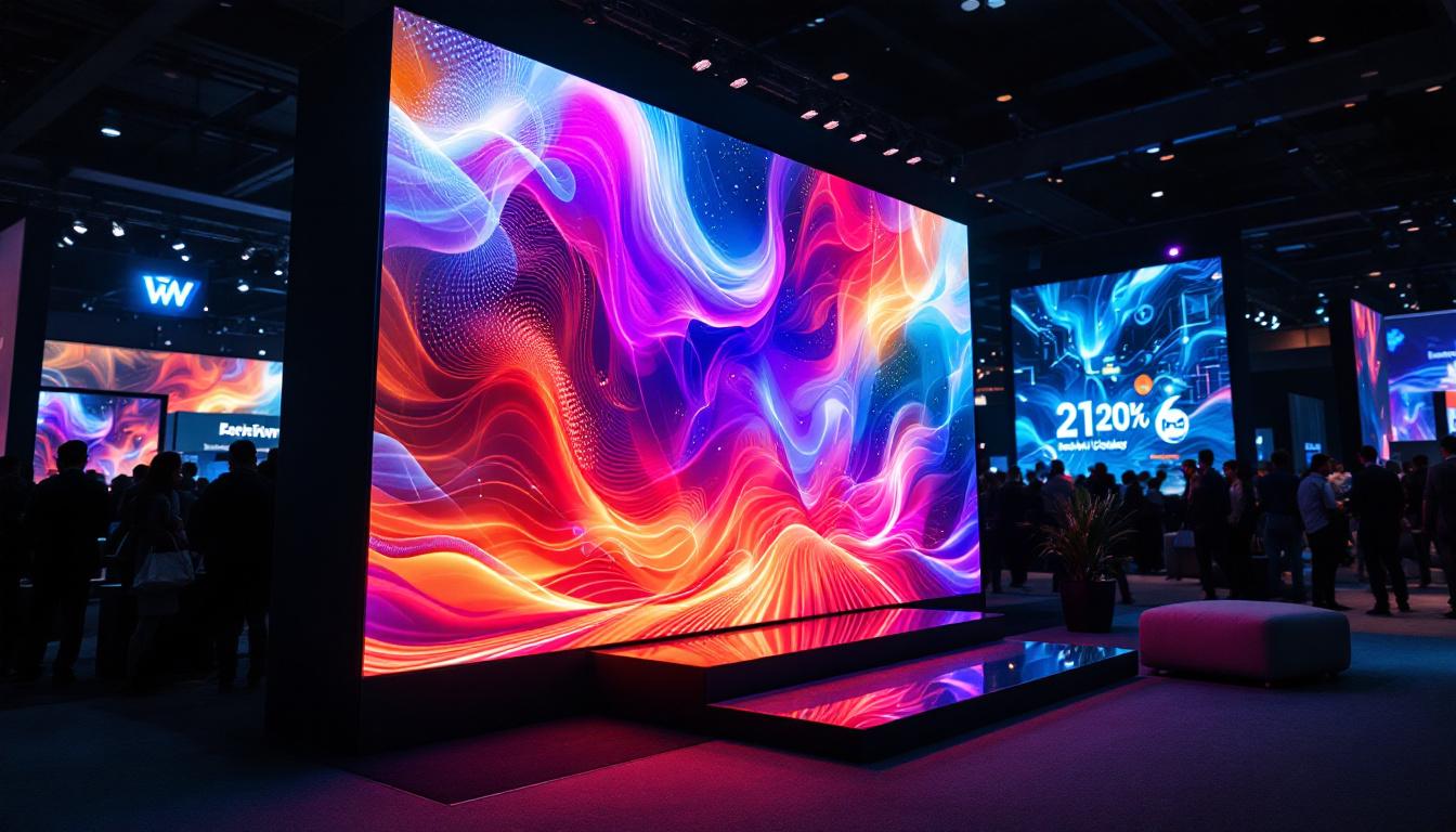 A photograph of a vibrant trade show booth featuring an eye-catching led display