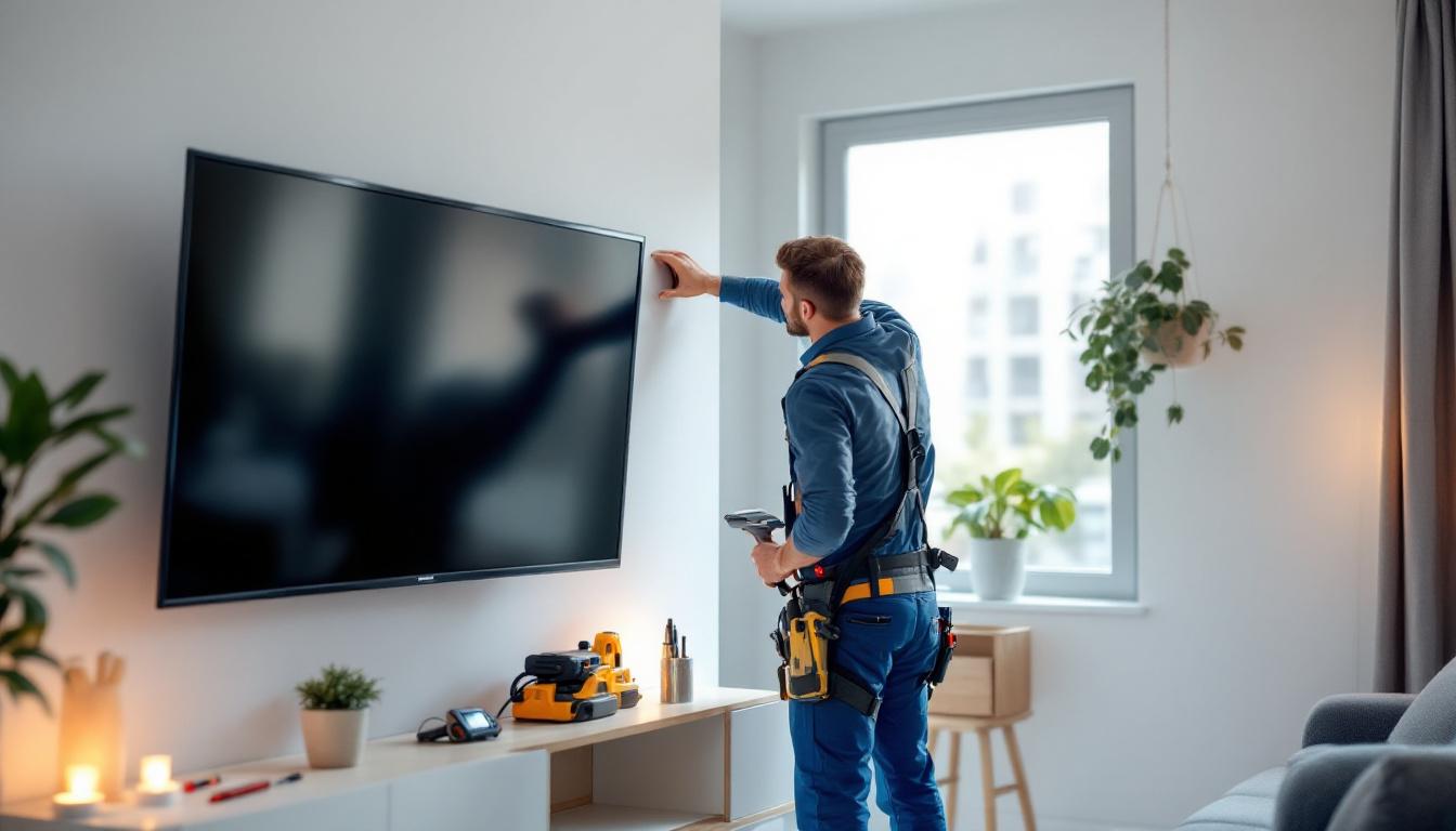 A photograph of a professional installer mounting a sleek led tv on a modern living room wall