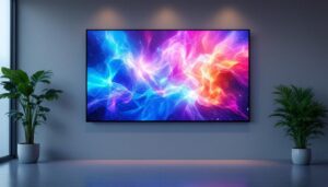 A photograph of a vibrant wall-mounted led digital display in a modern setting