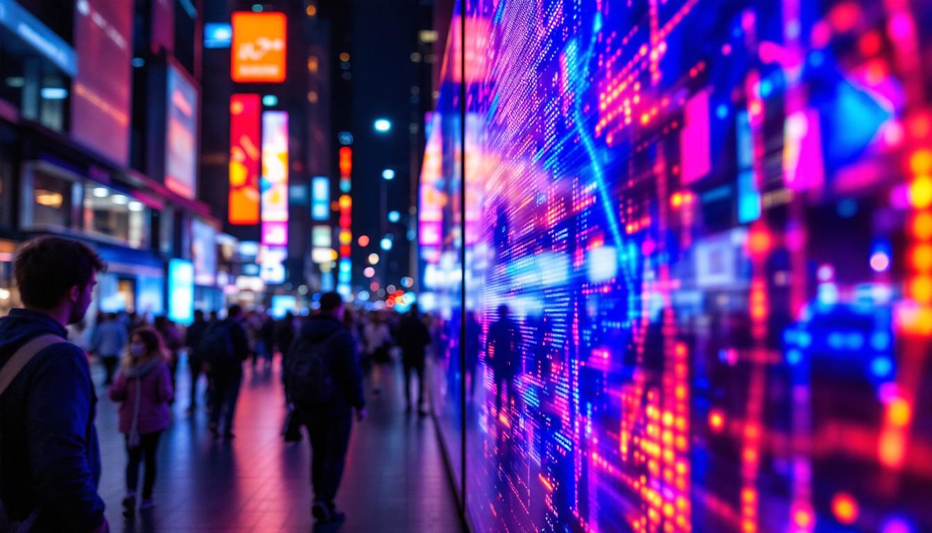 A photograph of a vibrant led display in an urban setting