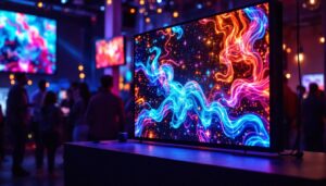 A photograph of a vibrant flexible led panel screen display in an engaging setting