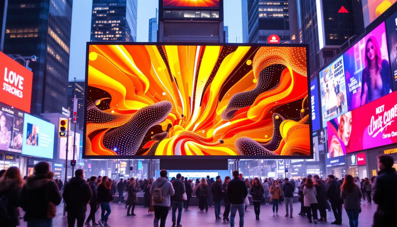 A photograph of a vibrant led display in a bustling urban environment