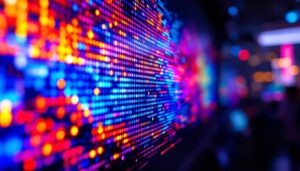 A photograph of a vibrant pixel led screen displaying dynamic visuals