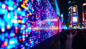 A photograph of a vibrant led display showcasing dynamic colors and patterns