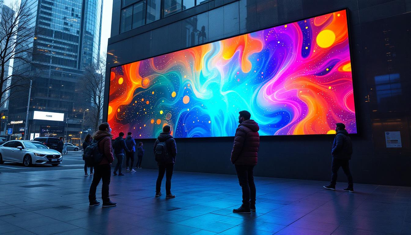 A photograph of a vibrant led display panel in an urban setting