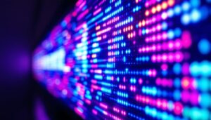 A photograph of a close-up shot of a vibrant led display showcasing dynamic visuals or text